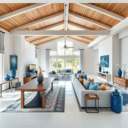 A living and dining room space featuring a white porcelain floor, wooden ceiling, and decorative details in blue