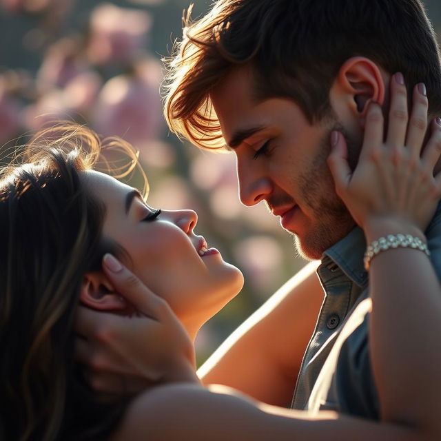 A captivating and intimate portrayal of passion and connection between two individuals in a serene and beautiful setting, emphasizing their emotional bond and the soft play of light on their skin