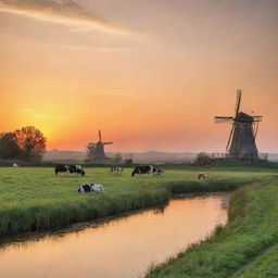 A serene and picturesque countryside scene at sunset with a windmill silhouetted against the orange sky, a slow-moving river reflecting the warm hues, and cows grazing in the lush fields.