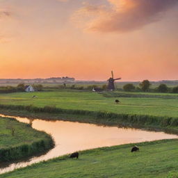 A serene and picturesque countryside scene at sunset with a windmill silhouetted against the orange sky, a slow-moving river reflecting the warm hues, and cows grazing in the lush fields.