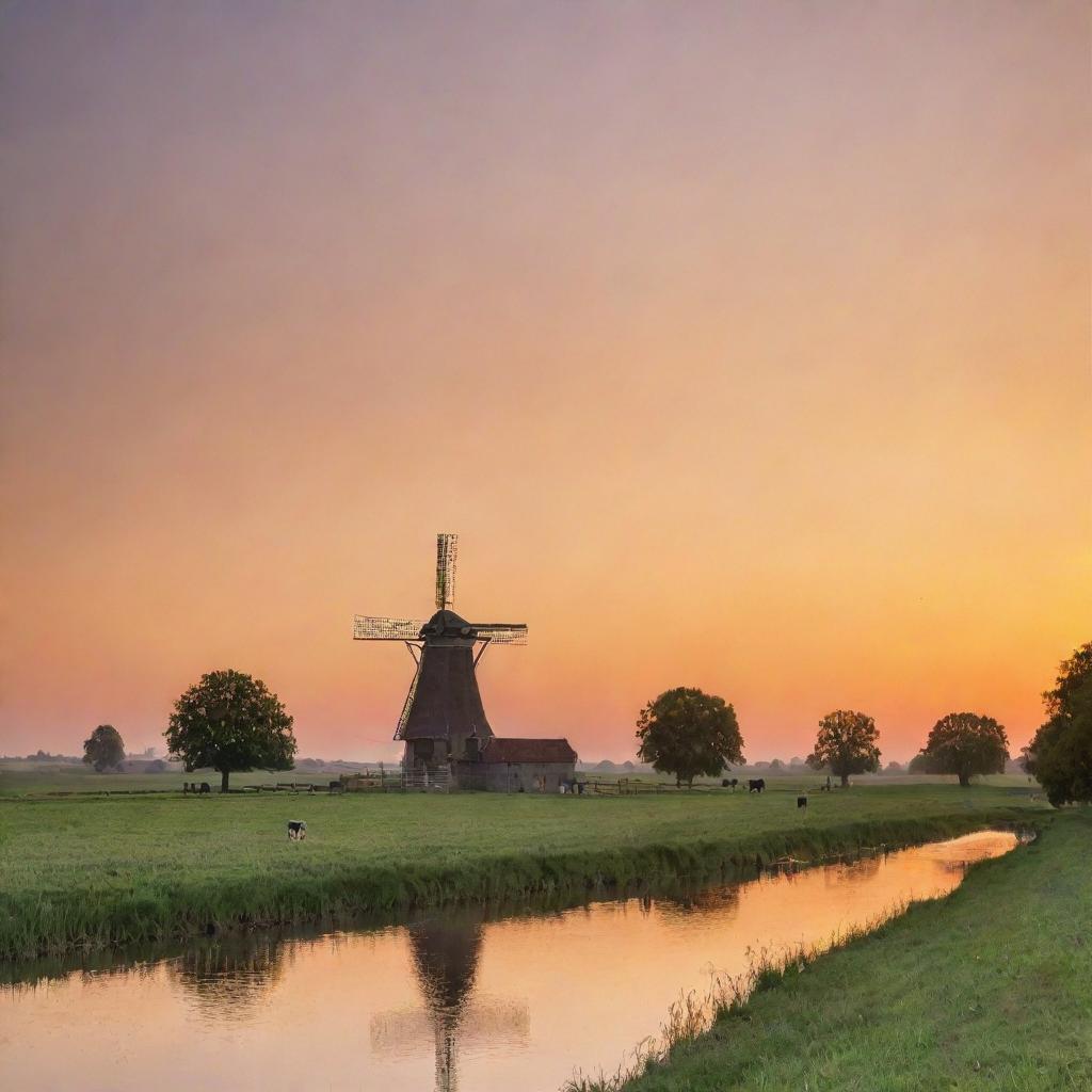 A serene and picturesque countryside scene at sunset with a windmill silhouetted against the orange sky, a slow-moving river reflecting the warm hues, and cows grazing in the lush fields.