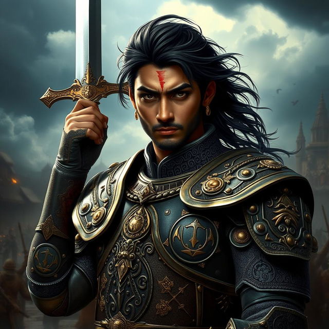 A portrait of a heroic warrior named Vijay, clad in intricately designed armor with golden embellishments