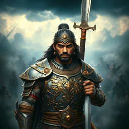 A portrait of a heroic warrior named Vijay, clad in intricately designed armor with golden embellishments