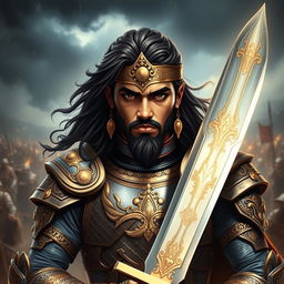 A portrait of a heroic warrior named Vijay, clad in intricately designed armor with golden embellishments