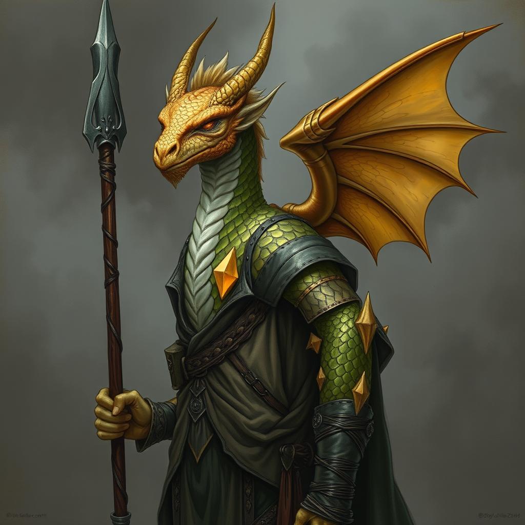 A portrait of a dragon humanoid without a tail or wings, featuring mesmerizing topaz-colored scales