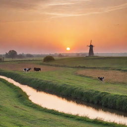 A serene and picturesque countryside scene at sunset with a windmill silhouetted against the orange sky, a slow-moving river reflecting the warm hues, and cows grazing in the lush fields.