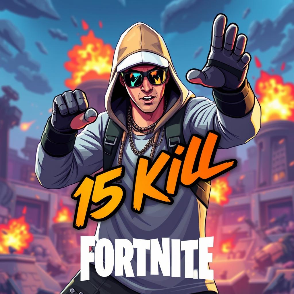 Eminem styled as a Fortnite character, in a dynamic and action-packed pose with vibrant colors and cartoonish elements true to Fortnite's iconic art style