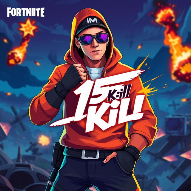 Eminem styled as a Fortnite character, in a dynamic and action-packed pose with vibrant colors and cartoonish elements true to Fortnite's iconic art style