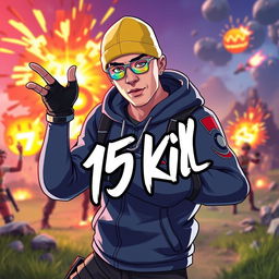 Eminem styled as a Fortnite character, in a dynamic and action-packed pose with vibrant colors and cartoonish elements true to Fortnite's iconic art style