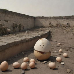 A war-torn landscape with an shattered egg figure (Humpty Dumpty) fallen off a wall, surrounded by attention-drawn soldiers.