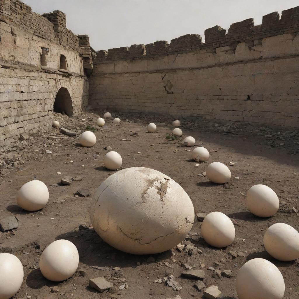 A war-torn landscape with an shattered egg figure (Humpty Dumpty) fallen off a wall, surrounded by attention-drawn soldiers.