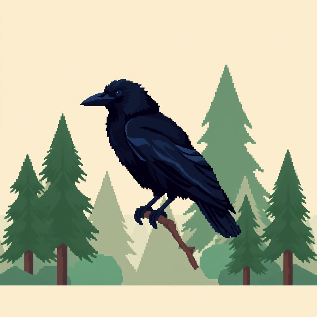 a crow designed in a retro pixel art style, using a palette of deep blacks and subtle blues to highlight its feathers, perched against a minimalist, stylized digital forest background that consists of simple geometric shapes and contrasting green and brown tones