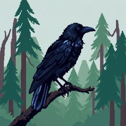 a crow designed in a retro pixel art style, using a palette of deep blacks and subtle blues to highlight its feathers, perched against a minimalist, stylized digital forest background that consists of simple geometric shapes and contrasting green and brown tones