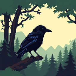 a crow designed in a retro pixel art style, using a palette of deep blacks and subtle blues to highlight its feathers, perched against a minimalist, stylized digital forest background that consists of simple geometric shapes and contrasting green and brown tones