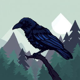 a crow designed in a retro pixel art style, using a palette of deep blacks and subtle blues to highlight its feathers, perched against a minimalist, stylized digital forest background that consists of simple geometric shapes and contrasting green and brown tones