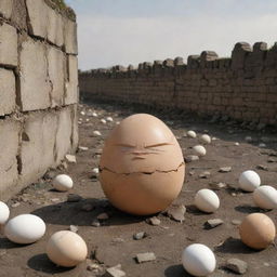 A war-torn landscape with an shattered egg figure (Humpty Dumpty) fallen off a wall, surrounded by attention-drawn soldiers.