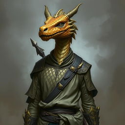 A portrait of a humanoid with an exquisite dragon face, devoid of a tail and wings, adorned with glimmering topaz-colored scales