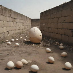 A war-torn landscape with an shattered egg figure (Humpty Dumpty) fallen off a wall, surrounded by attention-drawn soldiers.