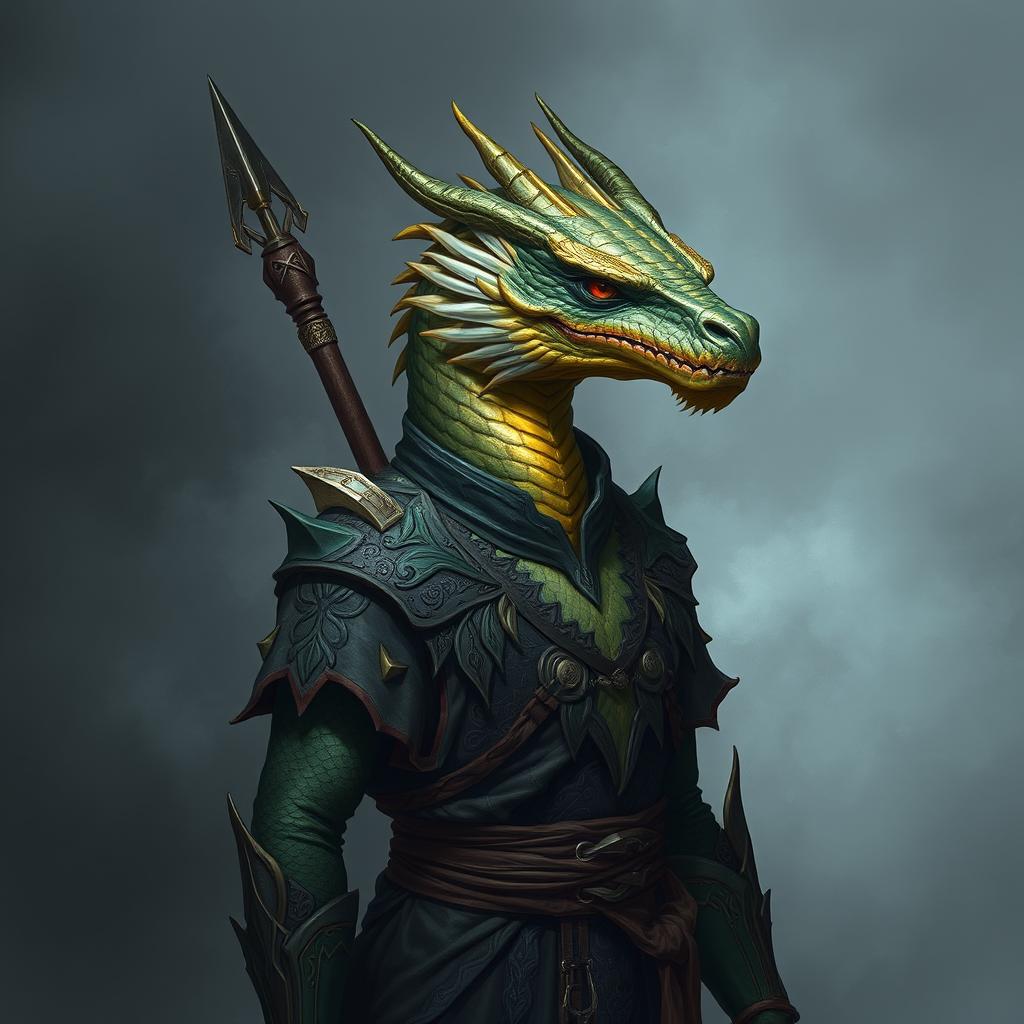 A portrait of a humanoid with a distinctive dragon face, lacking a tail and wings, adorned with shimmering topaz-colored scales