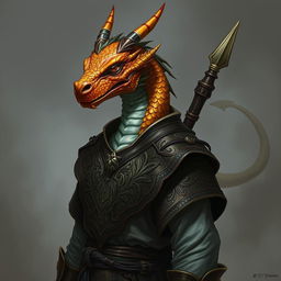 A portrait of a humanoid with a distinctive dragon face, lacking a tail and wings, adorned with shimmering topaz-colored scales