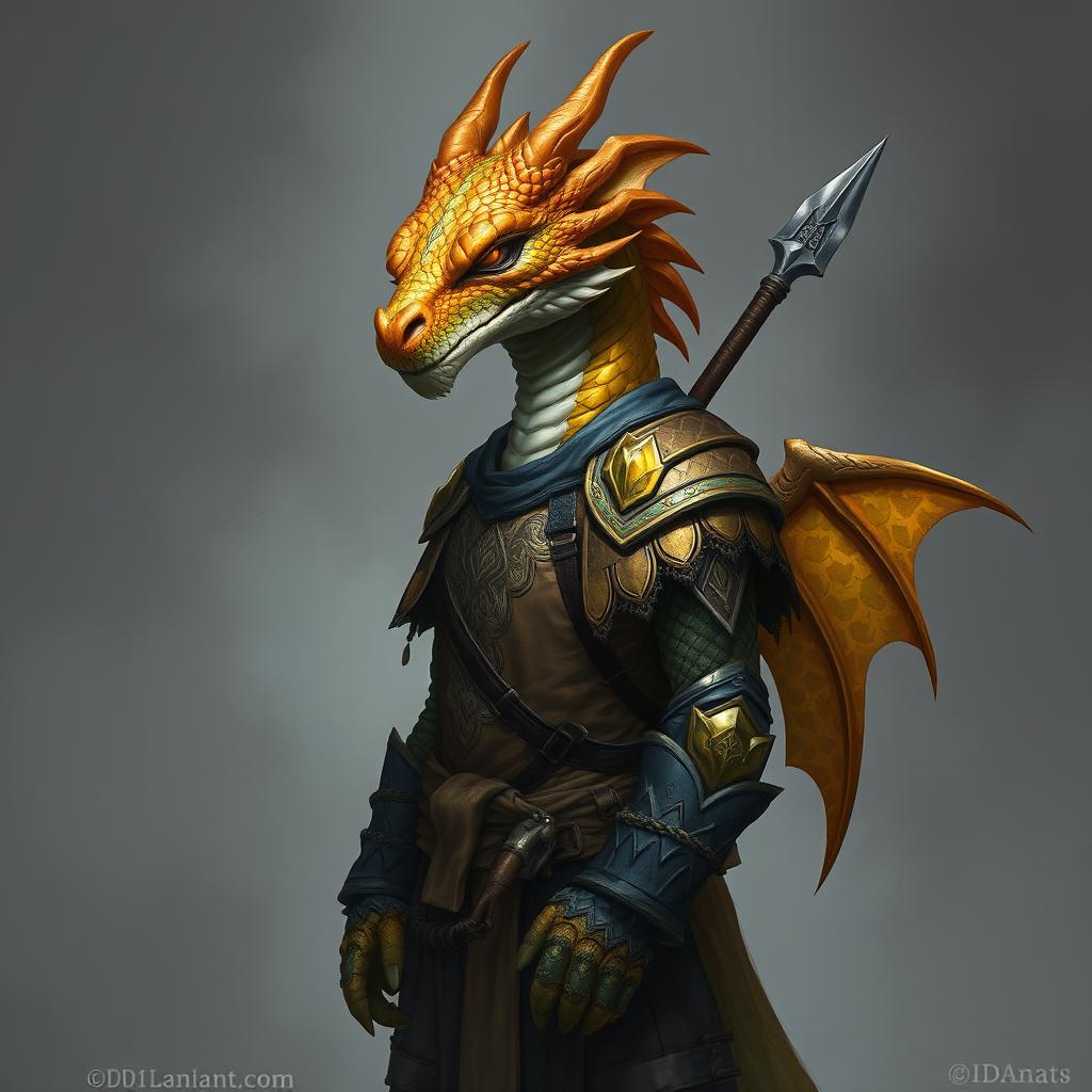 A portrait of a humanoid with a distinctive dragon face, lacking a tail and wings, adorned with shimmering topaz-colored scales