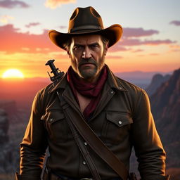 Heroic and rugged portrait of Arthur Morgan from Red Dead Redemption 2, standing confidently against a vast open landscape in the Wild West, wearing a classic cowboy hat, a rugged leather jacket, and a bandana around his neck, with his signature revolver holstered at his side