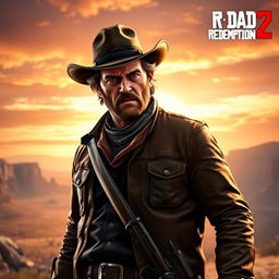 Heroic and rugged portrait of Arthur Morgan from Red Dead Redemption 2, standing confidently against a vast open landscape in the Wild West, wearing a classic cowboy hat, a rugged leather jacket, and a bandana around his neck, with his signature revolver holstered at his side