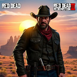 Heroic and rugged portrait of Arthur Morgan from Red Dead Redemption 2, standing confidently against a vast open landscape in the Wild West, wearing a classic cowboy hat, a rugged leather jacket, and a bandana around his neck, with his signature revolver holstered at his side