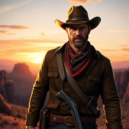 Heroic and rugged portrait of Arthur Morgan from Red Dead Redemption 2, standing confidently against a vast open landscape in the Wild West, wearing a classic cowboy hat, a rugged leather jacket, and a bandana around his neck, with his signature revolver holstered at his side