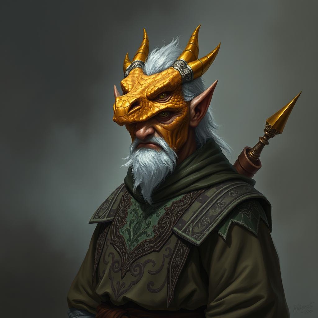 A portrait of an old humanoid with a distinguished dragon-like face, absent of a tail and wings, and featuring lustrous topaz-colored scales