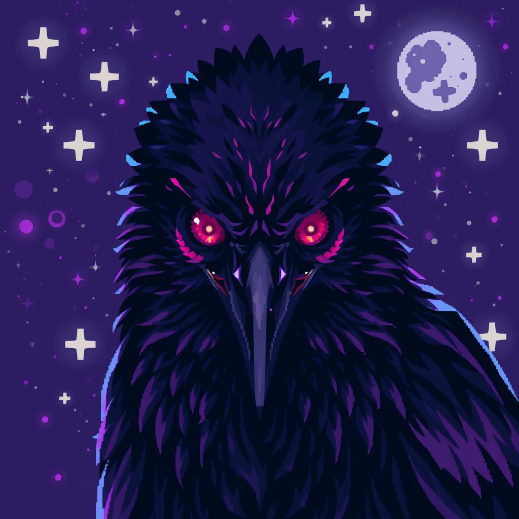 a crow with a mystical presence filling the entire image with its striking face, painted in pixel art design