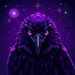 a crow with a mystical presence filling the entire image with its striking face, painted in pixel art design