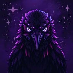 a crow with a mystical presence filling the entire image with its striking face, painted in pixel art design