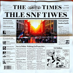 A beautifully designed newspaper front page featuring a striking headline in large bold letters at the top