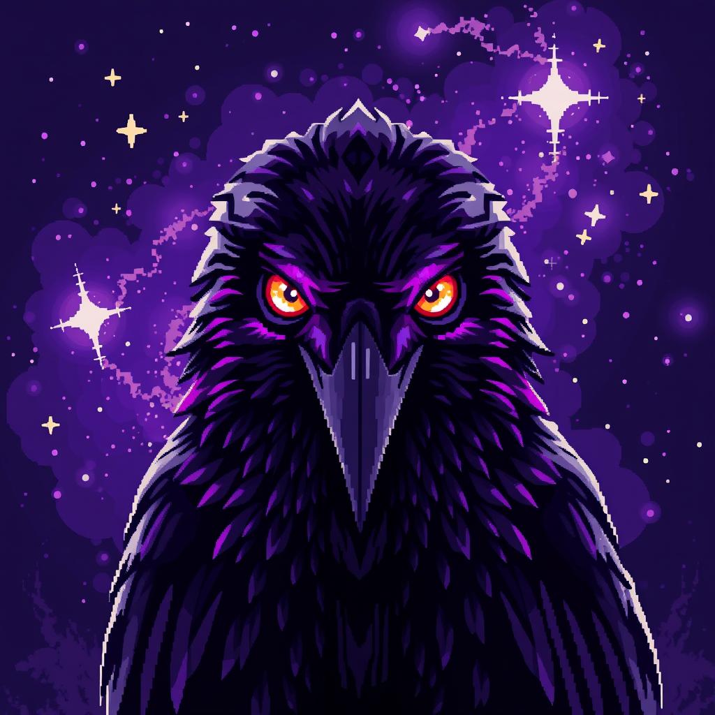 a crow with a mystical presence filling the entire image with its striking face, painted in pixel art design