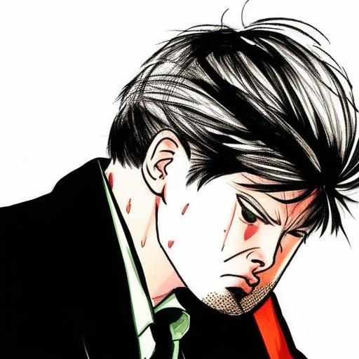 Augment the previous image with more vivid and saturated colours, and accentuate the man's features to show an extremely severe hangover in the manga representation.