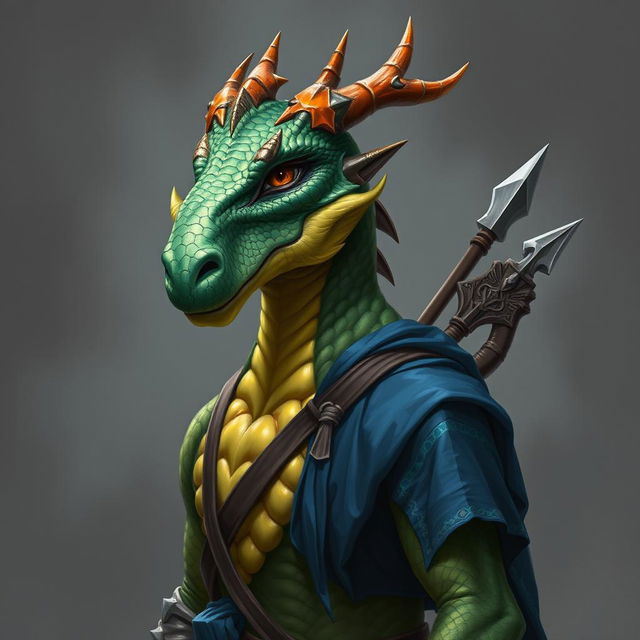 A portrait of a mature humanoid showcasing a striking dragon face, without a tail or wings