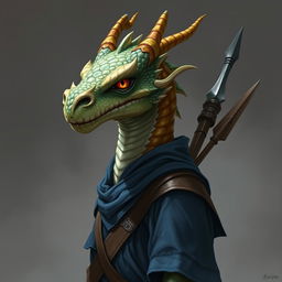 A portrait of a mature humanoid showcasing a striking dragon face, without a tail or wings