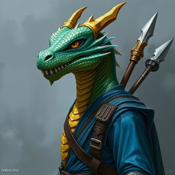 A portrait of a mature humanoid showcasing a striking dragon face, without a tail or wings