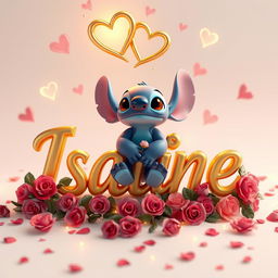 A captivating 3D rendering of Disney's character 'Stitch' sitting gracefully on the name "Isaline" crafted in beautiful golden letters adorned with roses