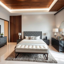 A sophisticated bedroom featuring a king-sized bed with a grey tufted headboard