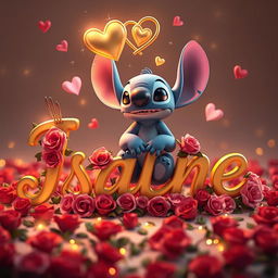 A captivating 3D rendering of Disney's character 'Stitch' sitting gracefully on the name "Isaline" crafted in beautiful golden letters adorned with roses