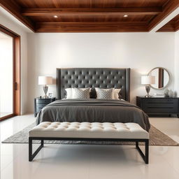 A sophisticated bedroom featuring a king-sized bed with a grey tufted headboard