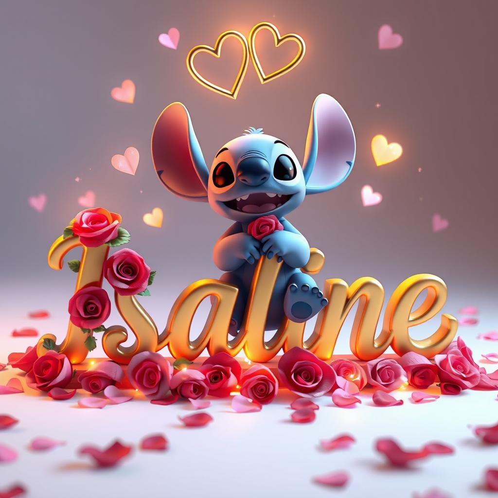 A captivating 3D rendering of Disney's character 'Stitch' sitting gracefully on the name "Isaline" crafted in beautiful golden letters adorned with roses