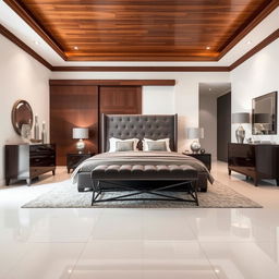 A sophisticated bedroom featuring a king-sized bed with a grey tufted headboard