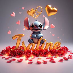 A captivating 3D rendering of Disney's character 'Stitch' sitting gracefully on the name "Isaline" crafted in beautiful golden letters adorned with roses