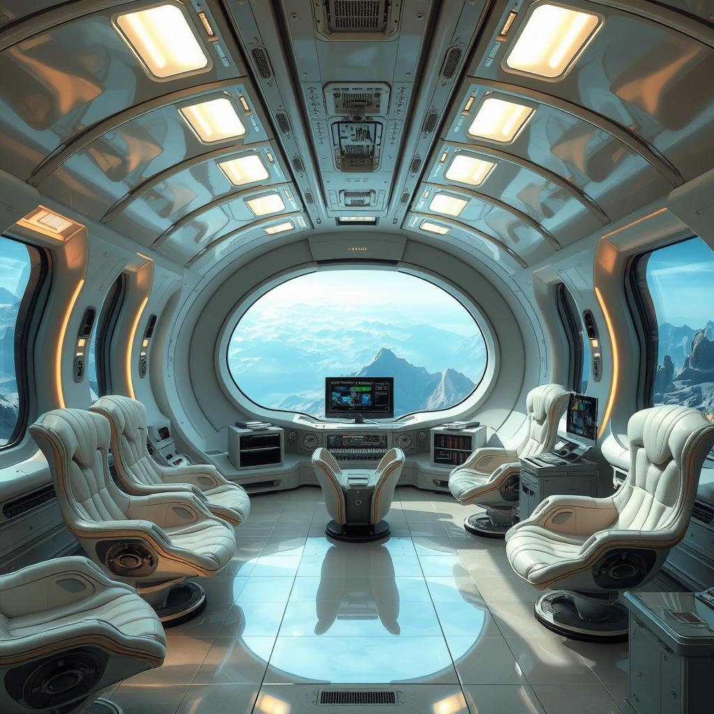 An alien spaceship designed by an advanced alien civilization, featuring an awe-inspiring interior