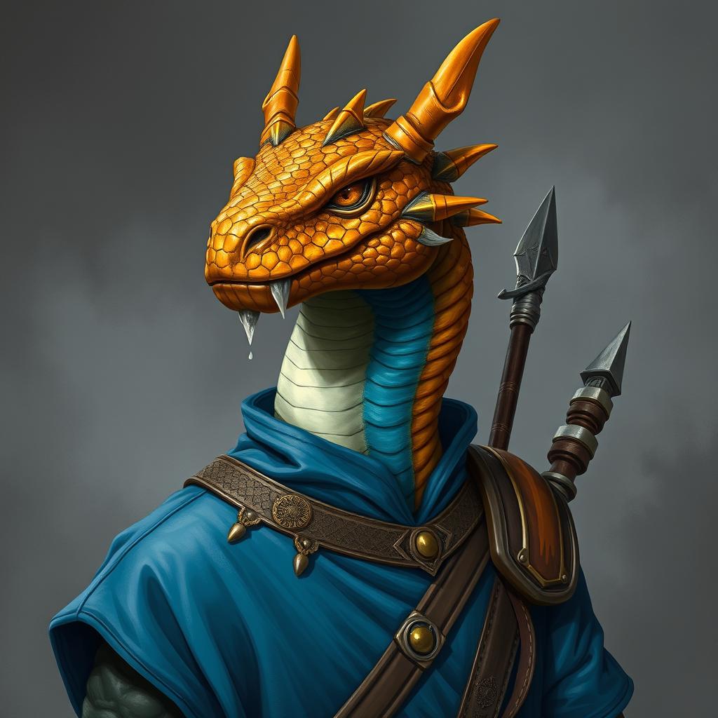 A portrait of a Dragonborn character from "Dungeons & Dragons," featuring a majestic dragon face, without a tail or wings, and adorned with brilliant topaz-colored scales