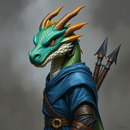 A portrait of a Dragonborn character from "Dungeons & Dragons," featuring a majestic dragon face, without a tail or wings, and adorned with brilliant topaz-colored scales