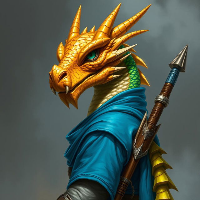 A portrait of a Dragonborn character from "Dungeons & Dragons," featuring a majestic dragon face, without a tail or wings, and adorned with brilliant topaz-colored scales